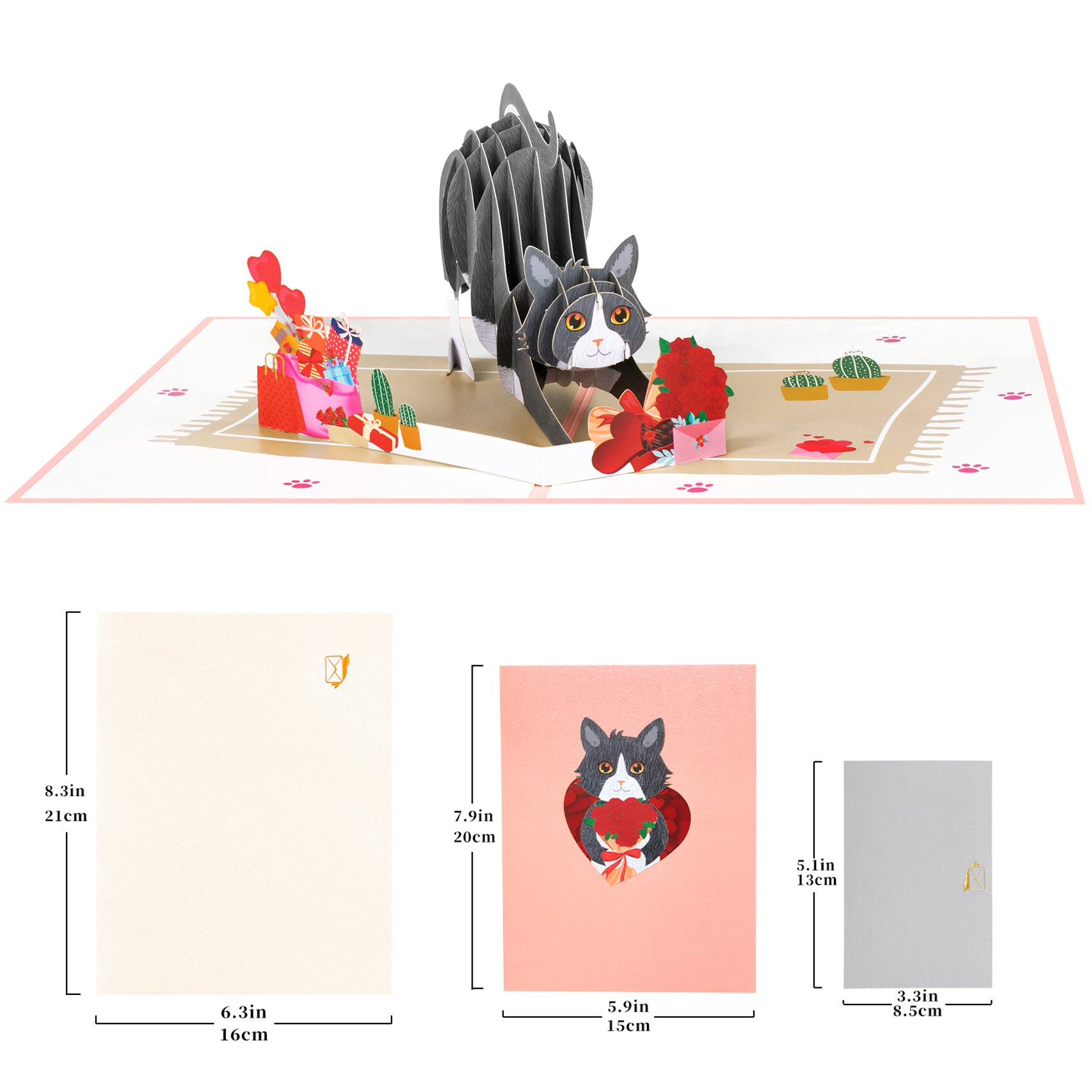 3D Cat Rose Pop Up Card for Valentine's Day, Anniversary, Birthday