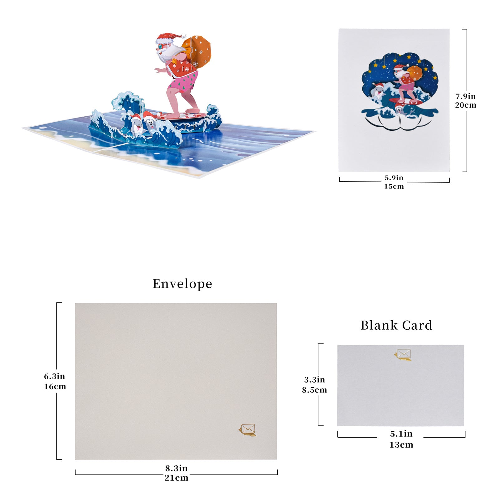 Surfing Santa Claus 3D Christmas Pop Up Card