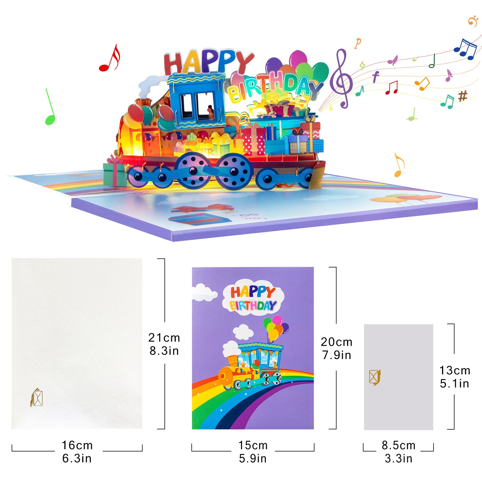 Birthday Rainbow Train Musical Pop Up Card with Music & Lights