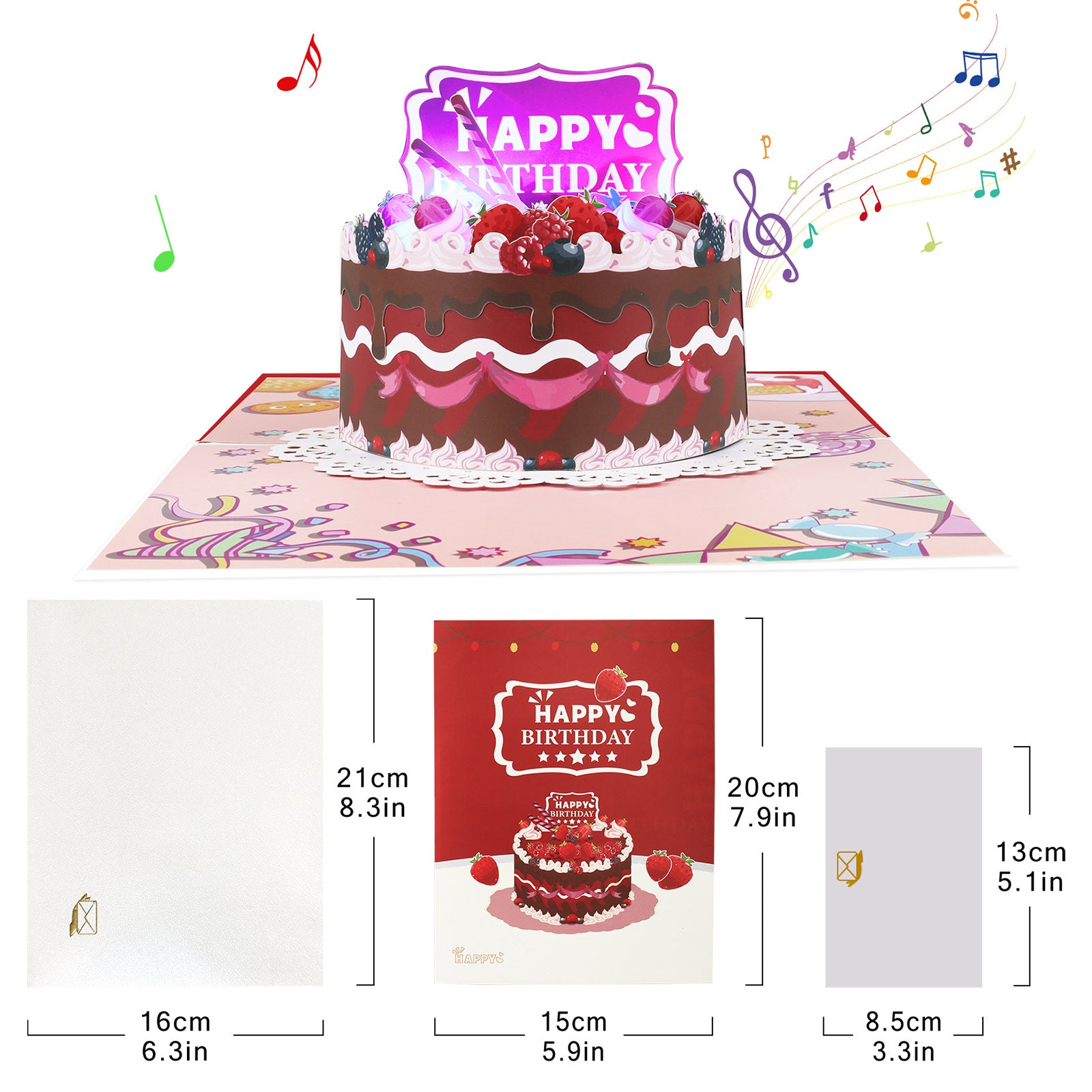 3D Strawberry Birthday Cake Musical Pop Up Card with Music & Lights