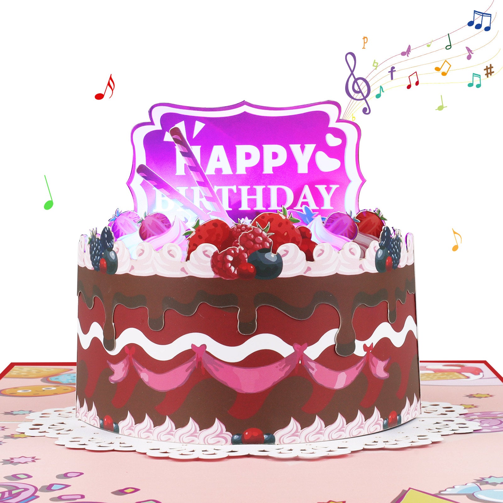 3D Strawberry Birthday Cake Musical Pop Up Card with Music & Lights