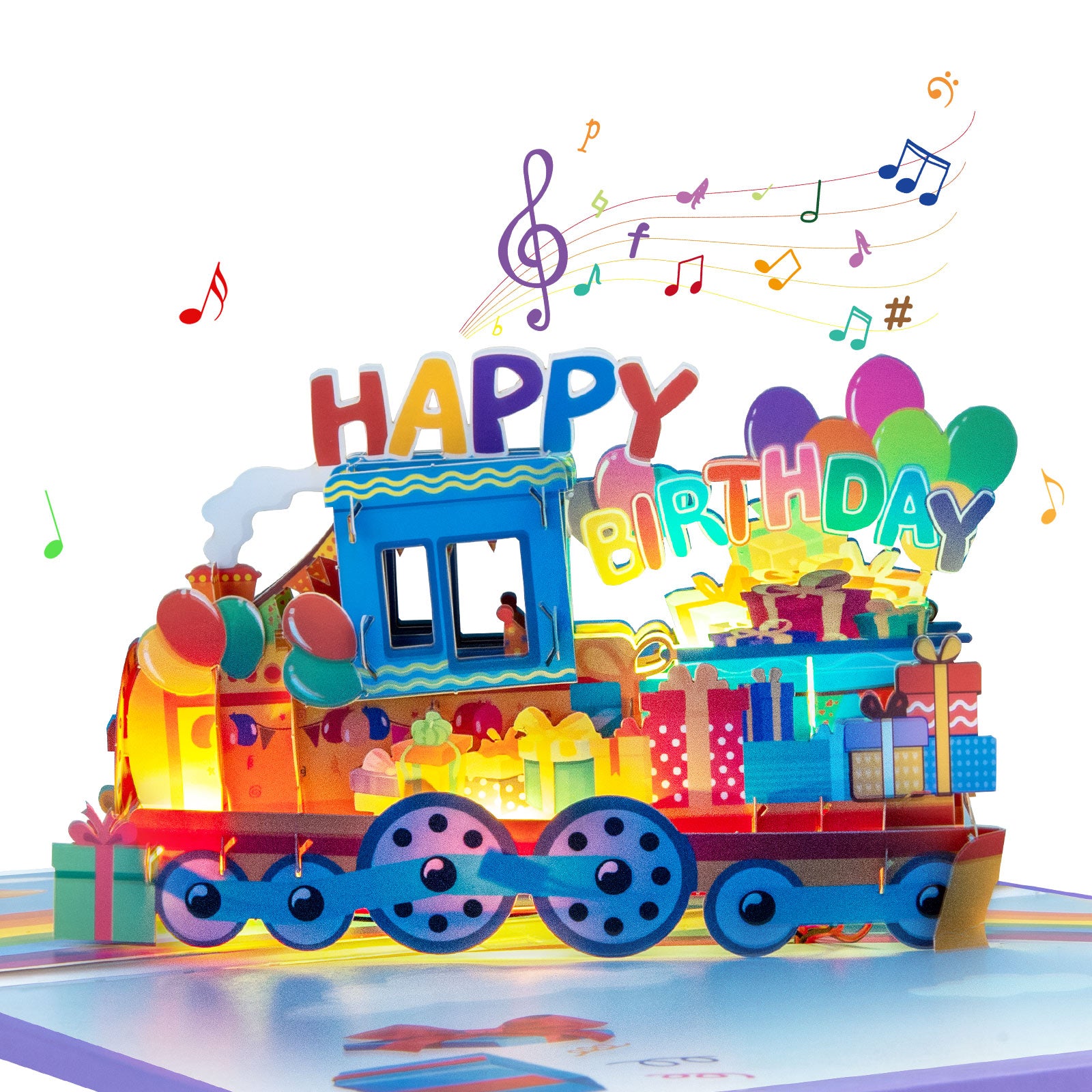 Birthday Rainbow Train Musical Pop Up Card with Music & Lights